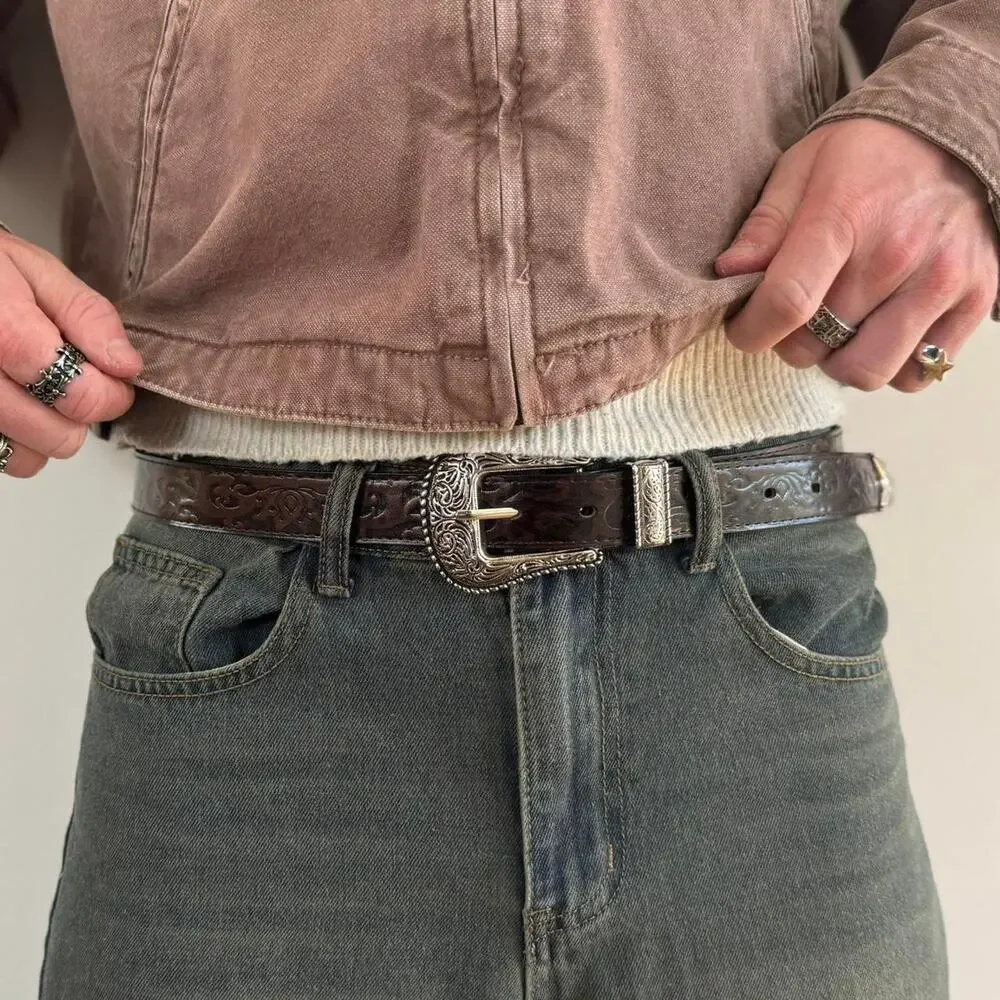 y2k brown leather and silver western cowboy boho belt - Picture 9 of 9